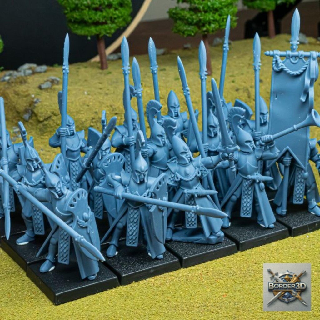 Aegean Elf Spearmen Miniature Unit | highlands miniatures | 32mm Phalanx Infantry, TTRPG Elf Army Resin - Border3d