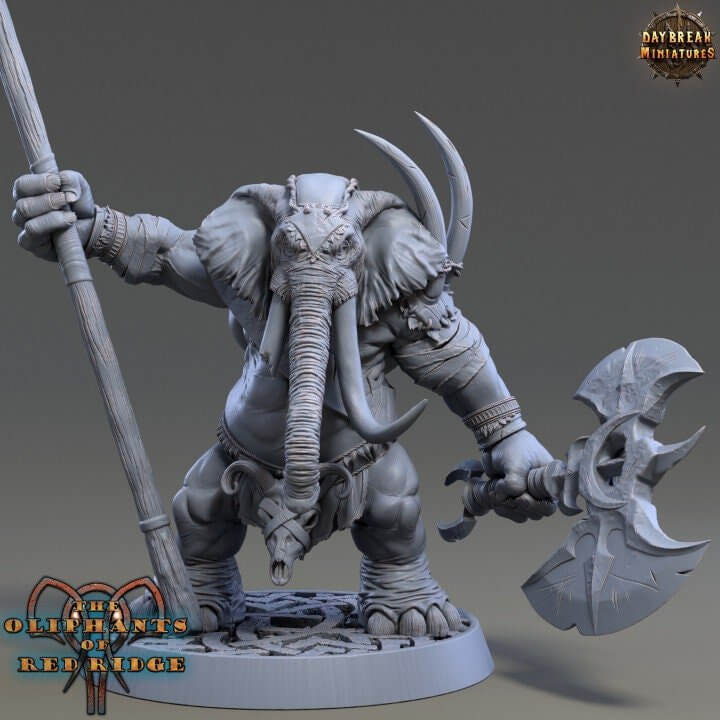 Dourbe Tuskbanner Loxodon elephant standard bearer rallying-point hero miniature 32mm resin — 3D printed Oliphant of Red Ridge for DnD and wargaming by Border3D LLC