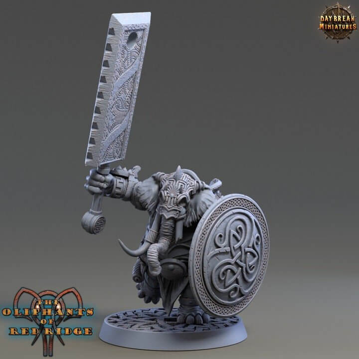 Hanno Flatslap Loxodon elephant two-handed blade warrior hero miniature 32mm resin — 3D printed Oliphant of Red Ridge with massive cleaver for DnD and wargaming by Border3D LLC