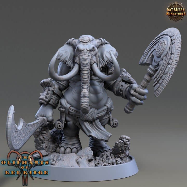 Joomini Zickert Loxodon elephant tactical commander hero miniature 32mm resin — 3D printed Oliphant of Red Ridge for DnD and wargaming by Border3D LLC