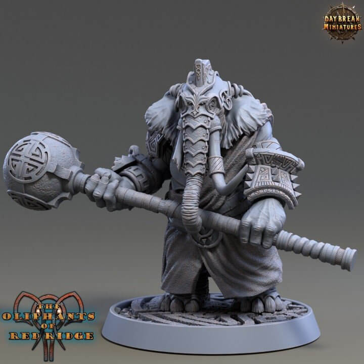 Shurbe Spherius Loxodon elephant mage wizard hero miniature 32mm resin — 3D printed Oliphant of Red Ridge with mystical orb for DnD and wargaming by Border3D LLC