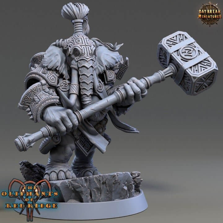Ugro Stonedrop Loxodon elephant defender stalwart hero miniature 32mm resin — 3D printed Oliphant of Red Ridge with runic warhammer for DnD and wargaming by Border3D LLC