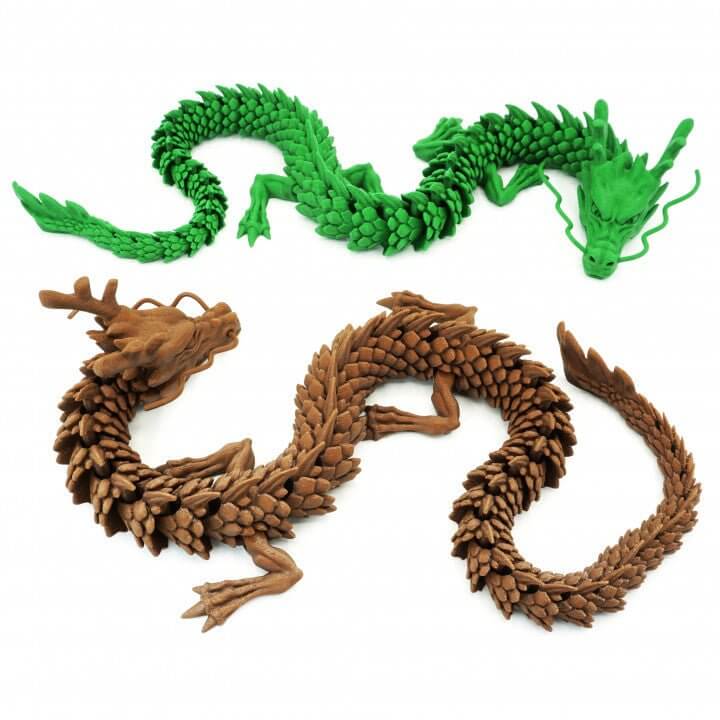 Articulated Dragon Pla+ 3D Print showcasing green and brown dragon models with flexible movement.