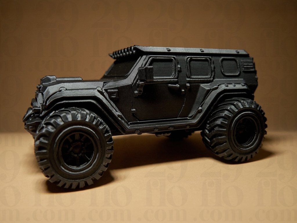 29flo 4x4 off-road vehicle figurine 3D printed adventure truck sculpture with detailed body and rugged tread detail in PLA or Resin officially licensed printed by Border3D LLC veteran-owned Texas