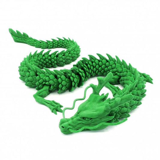 Alt Tag: Articulated Dragon Pla+ 3D Print - Green detailed dragon model with smooth joints on white background by Border3D LLC.