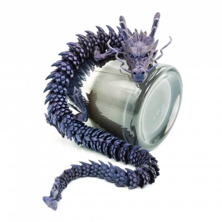 Articulated Dragon Pla+ 3D Print by Border3D LLC in vibrant purple, showcasing flexible joints and dynamic pose wrapped around a glass.