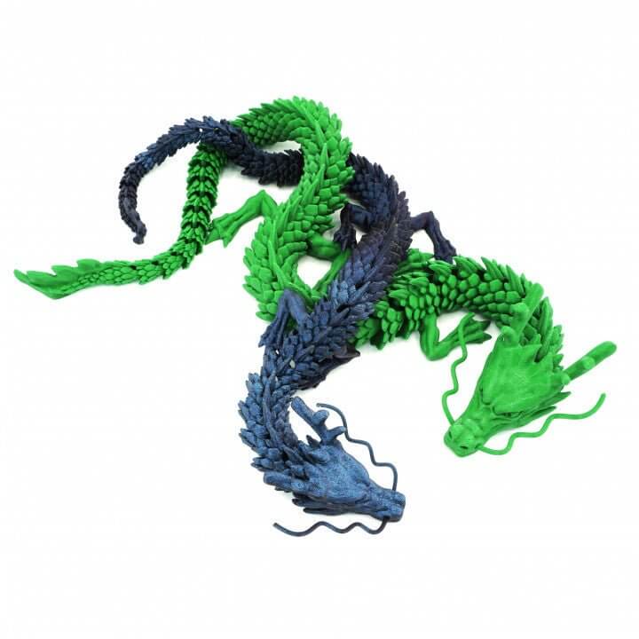 Articulated Dragon Pla+ 3D Print from Border3D LLC in green and blue, showcasing flexible joints and intricate design for collectors.
