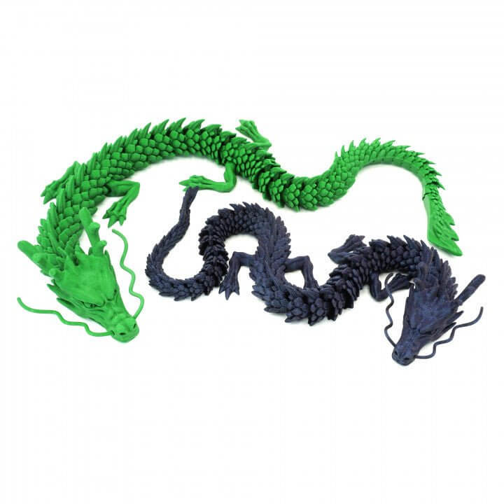 Articulated Dragon Pla+ 3D Print with green and black design by Border3D LLC, showcasing smooth joints and flexible movement.