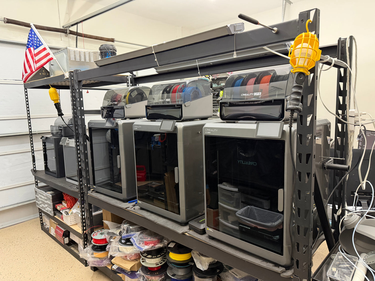 Storage rack with various items including a flag, containers, and equipment.
