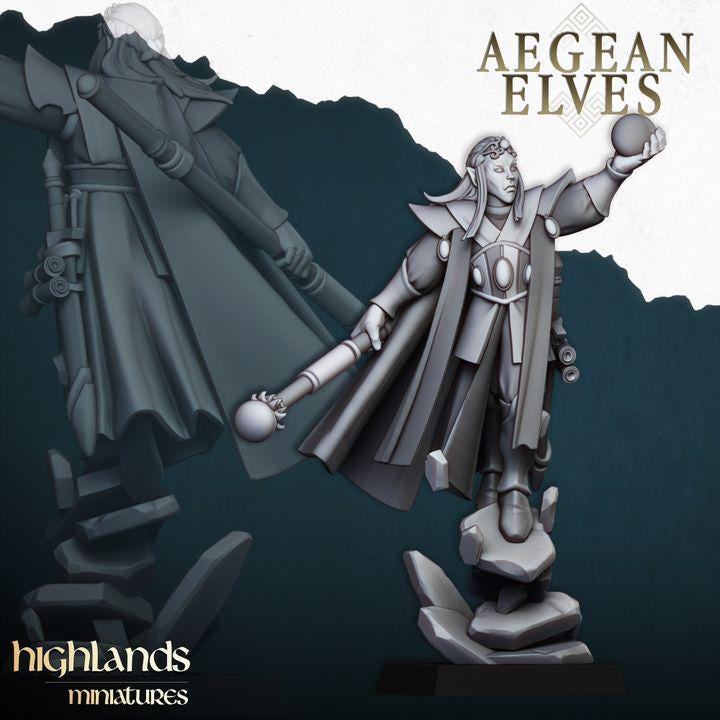 Aegean Elf Mage 3D Miniature | Highlands Miniatures | 32mm Resin DnD Fantasy Spellcaster RPG - Border3d