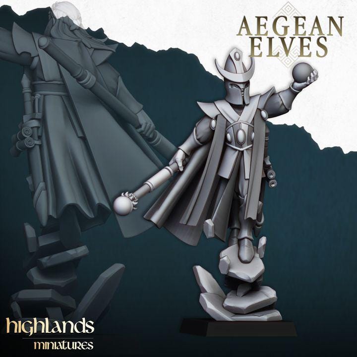 Aegean Elf Mage 3D Miniature | Highlands Miniatures | 32mm Resin DnD Fantasy Spellcaster RPG - Border3d