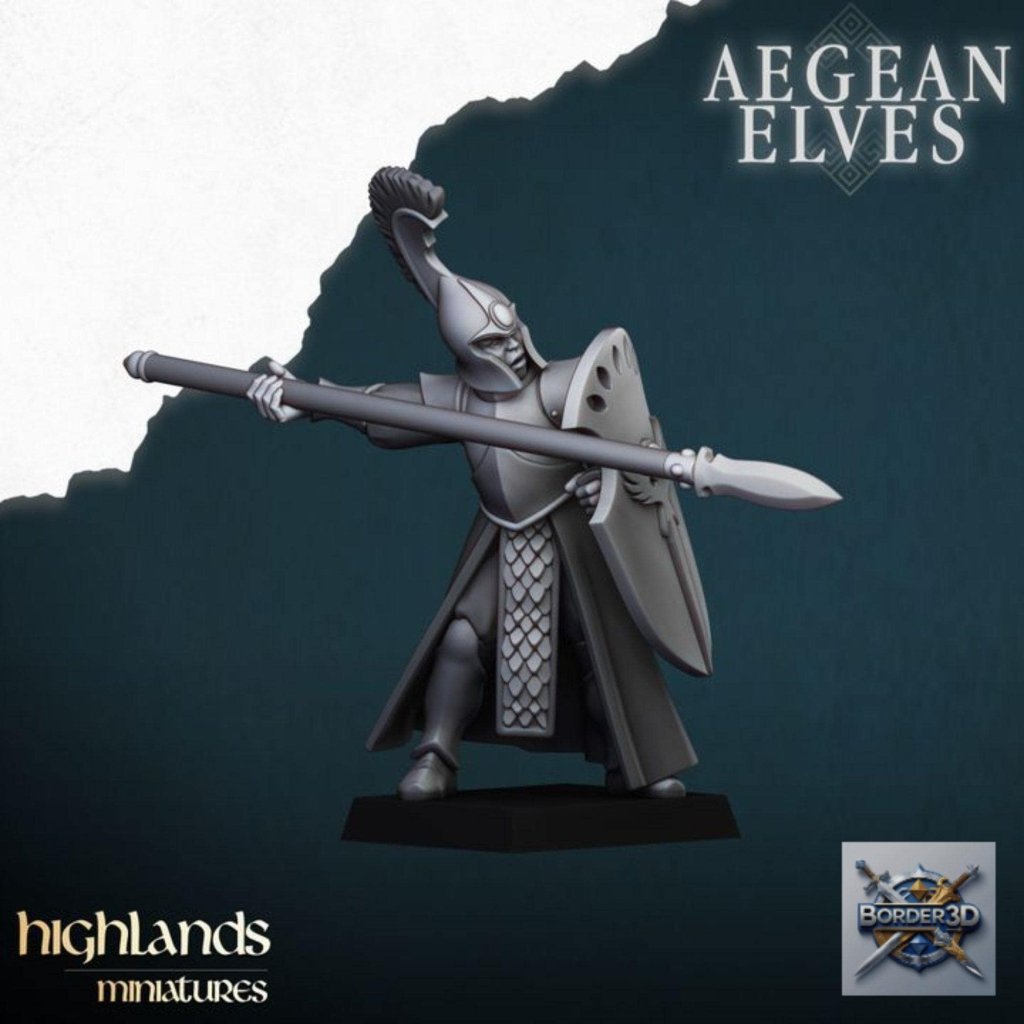 Aegean Elf Spearmen Miniature Unit | highlands miniatures | 32mm Phalanx Infantry, TTRPG Elf Army Resin - Border3d