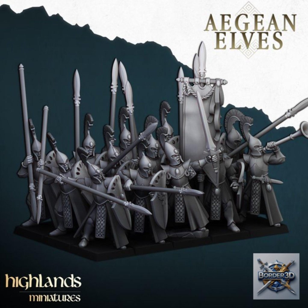 Aegean Elf Spearmen Miniature Unit | highlands miniatures | 32mm Phalanx Infantry, TTRPG Elf Army Resin - Border3d