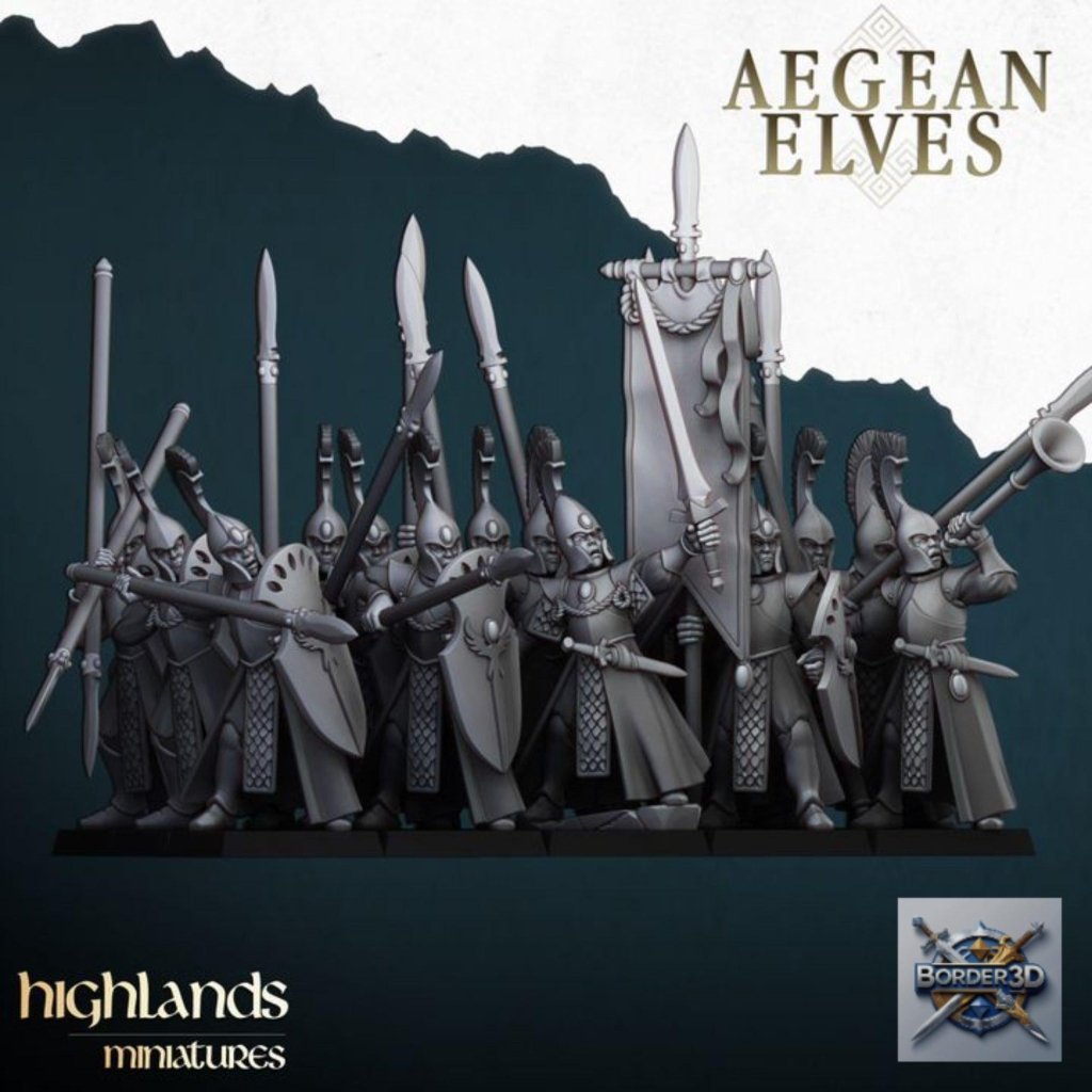 Aegean Elf Spearmen Miniature Unit | highlands miniatures | 32mm Phalanx Infantry, TTRPG Elf Army Resin - Border3d