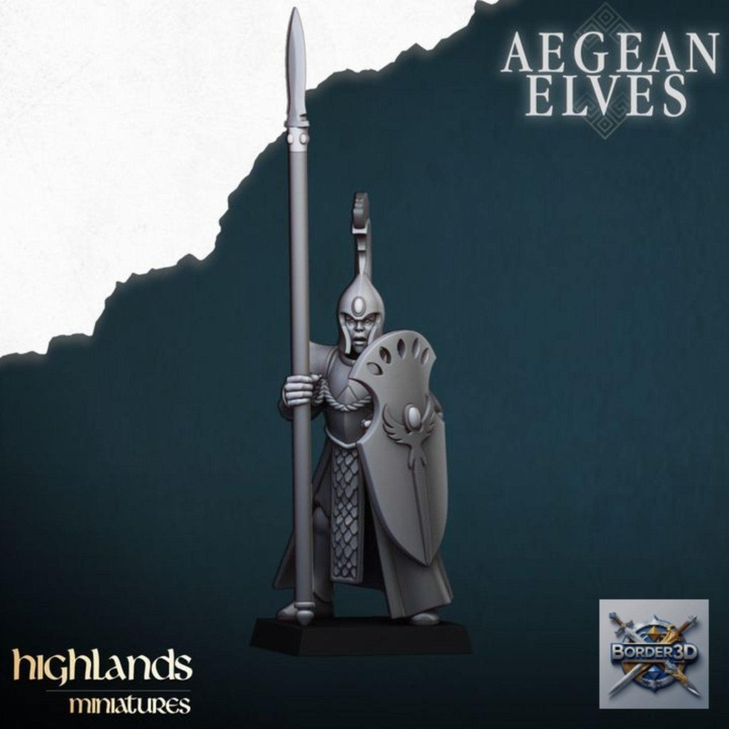 Aegean Elf Spearmen Miniature Unit | highlands miniatures | 32mm Phalanx Infantry, TTRPG Elf Army Resin - Border3d