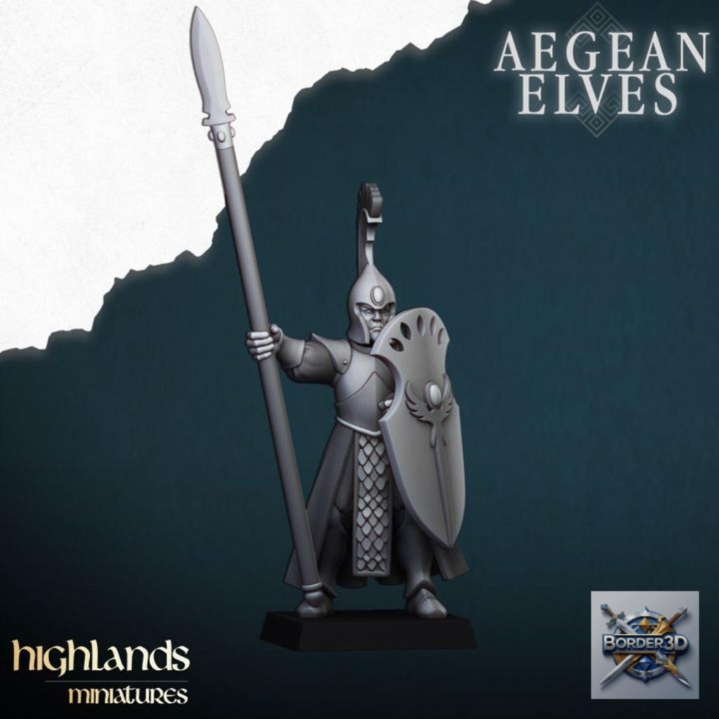 Aegean Elf Spearmen Miniature Unit | highlands miniatures | 32mm Phalanx Infantry, TTRPG Elf Army Resin - Border3d