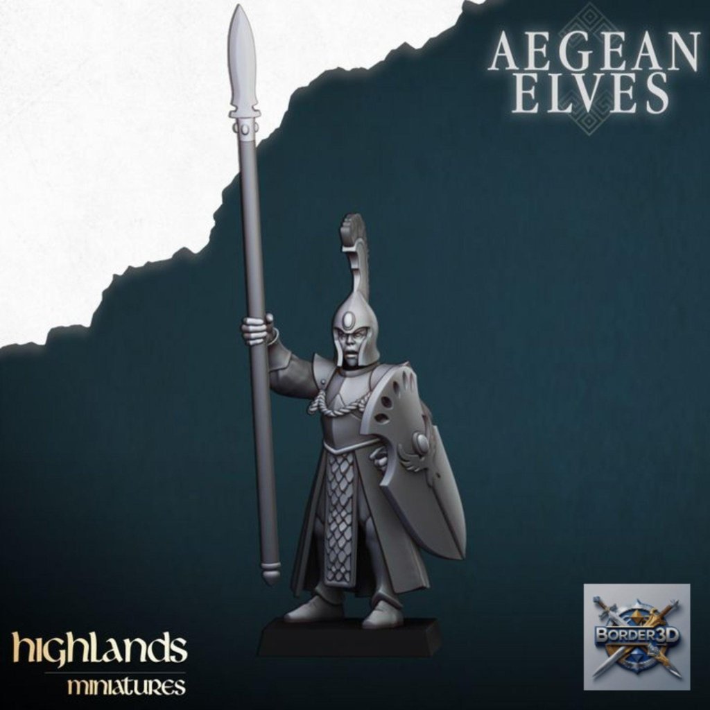 Aegean Elf Spearmen Miniature Unit | highlands miniatures | 32mm Phalanx Infantry, TTRPG Elf Army Resin - Border3d