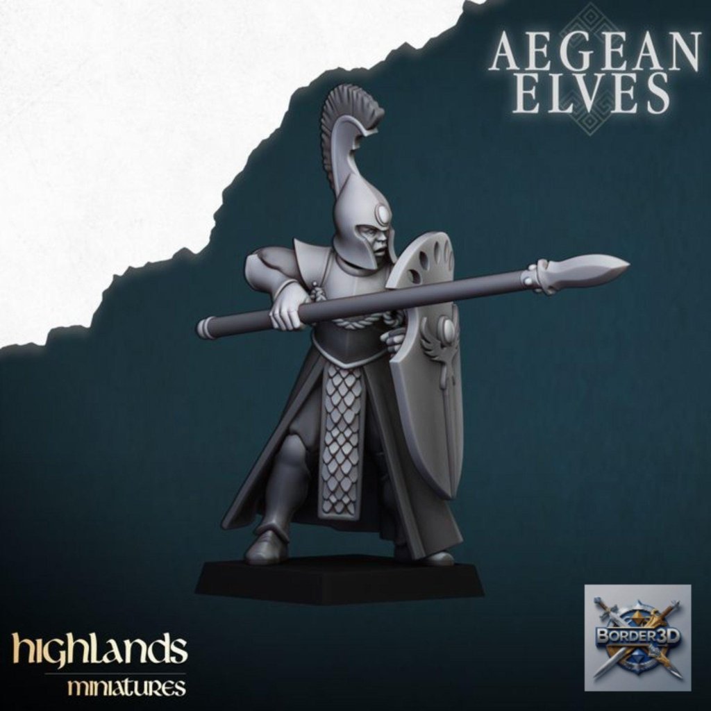 Aegean Elf Spearmen Miniature Unit | highlands miniatures | 32mm Phalanx Infantry, TTRPG Elf Army Resin - Border3d