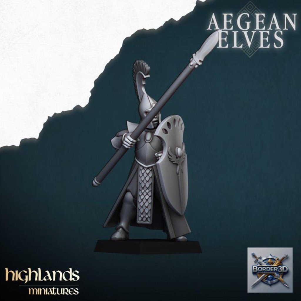 Aegean Elf Spearmen Miniature Unit | highlands miniatures | 32mm Phalanx Infantry, TTRPG Elf Army Resin - Border3d
