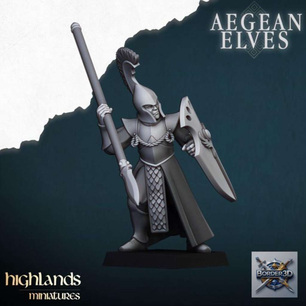 Aegean Elf Spearmen Miniature Unit | highlands miniatures | 32mm Phalanx Infantry, TTRPG Elf Army Resin - Border3d