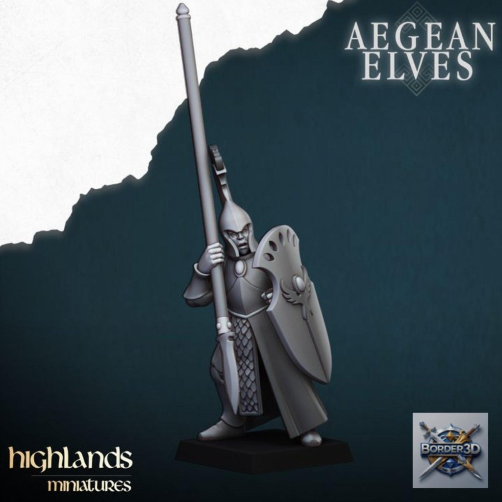 Aegean Elf Spearmen Miniature Unit | highlands miniatures | 32mm Phalanx Infantry, TTRPG Elf Army Resin - Border3d