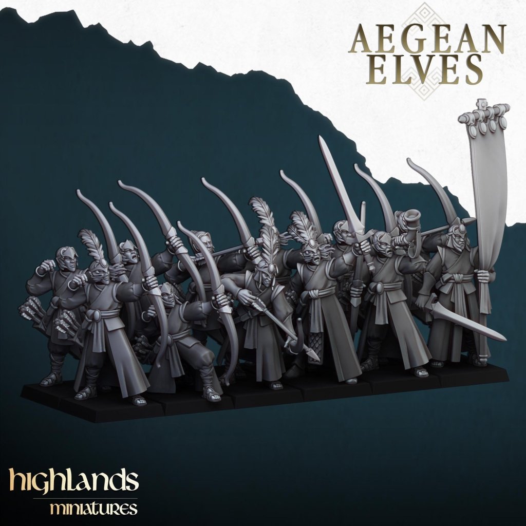 Aegean Elves Archers 3D Miniature | Highlands Miniatures | 32mm Resin DnD Fantasy Wargaming - Border3d