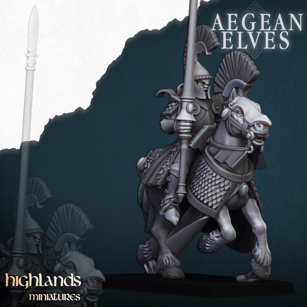 Aegean Elves Mounted Lances 3D Miniature | Highlands Miniatures | 32mm Resin DnD Fantasy Cavalry - Border3d
