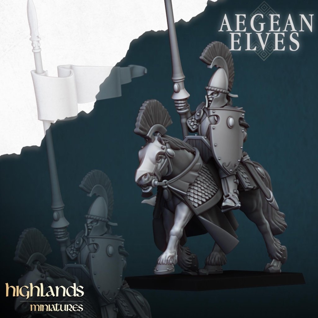 Aegean Elves Mounted Lances 3D Miniature | Highlands Miniatures | 32mm Resin DnD Fantasy Cavalry - Border3d