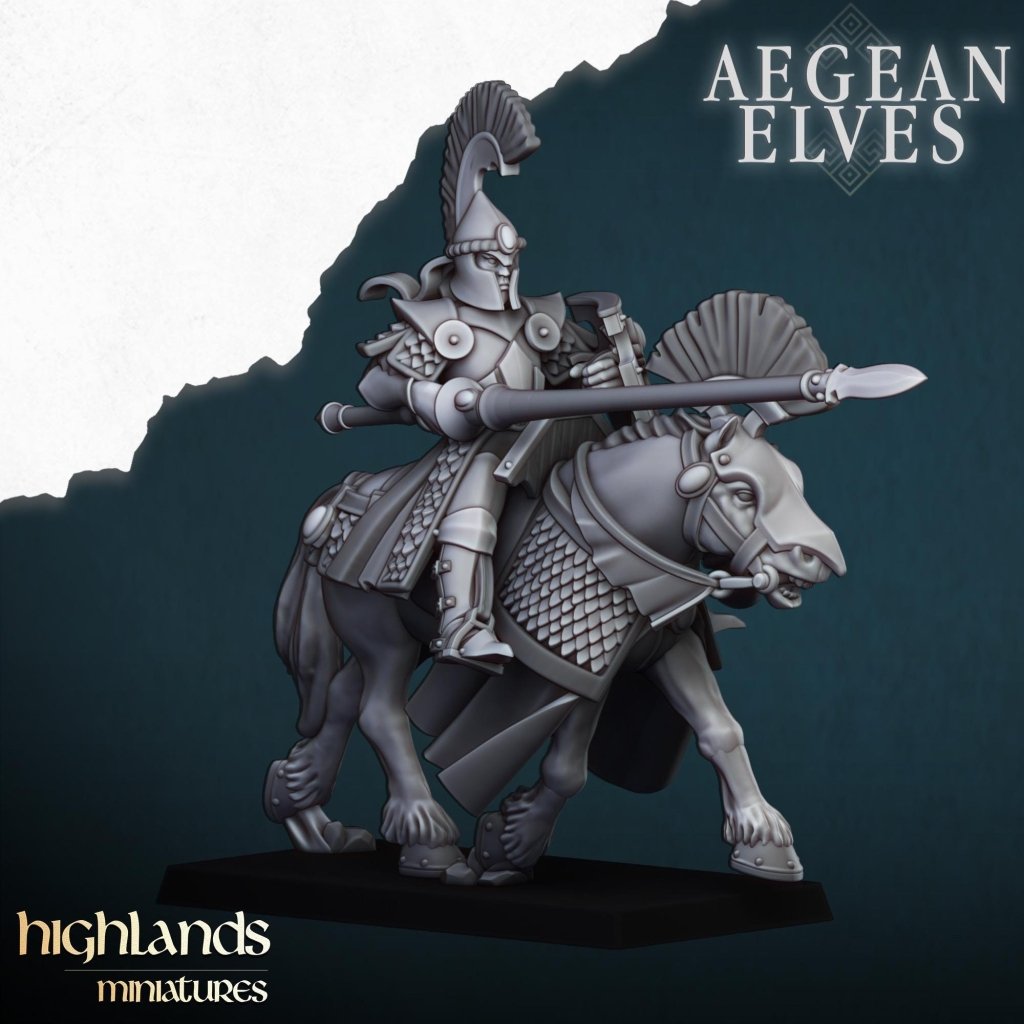 Aegean Elves Mounted Lances 3D Miniature | Highlands Miniatures | 32mm Resin DnD Fantasy Cavalry - Border3d