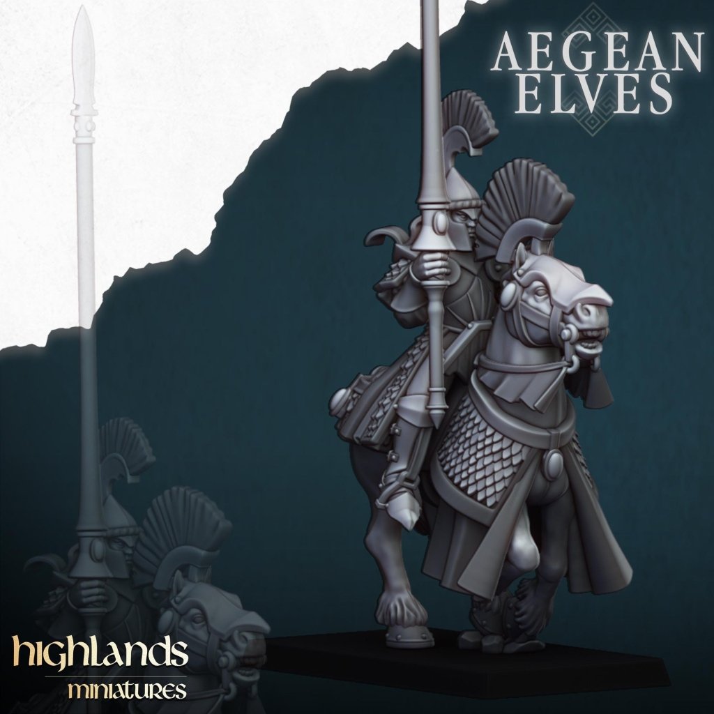 Aegean Elves Mounted Lances 3D Miniature | Highlands Miniatures | 32mm Resin DnD Fantasy Cavalry - Border3d