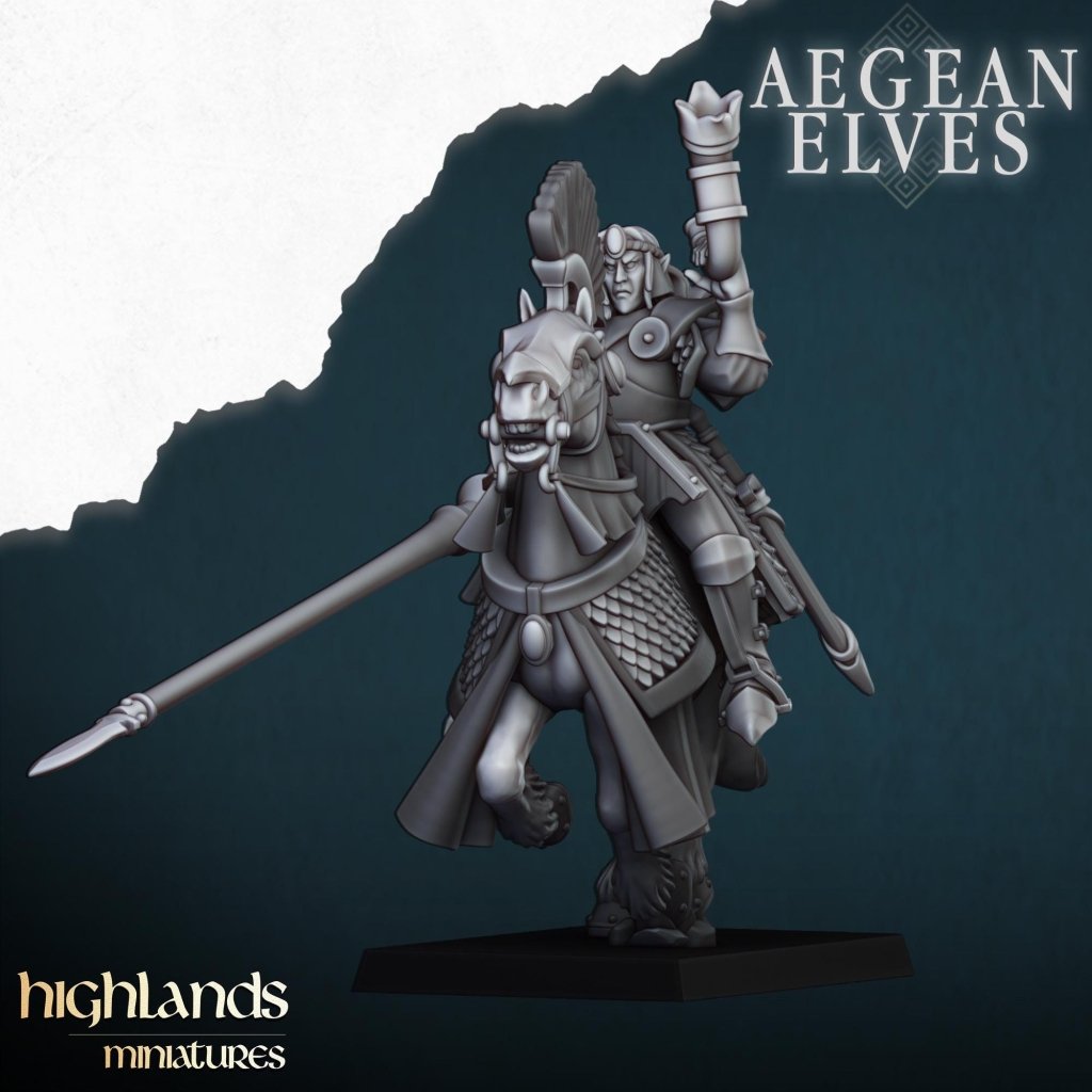 Aegean Elves Mounted Lances 3D Miniature | Highlands Miniatures | 32mm Resin DnD Fantasy Cavalry - Border3d