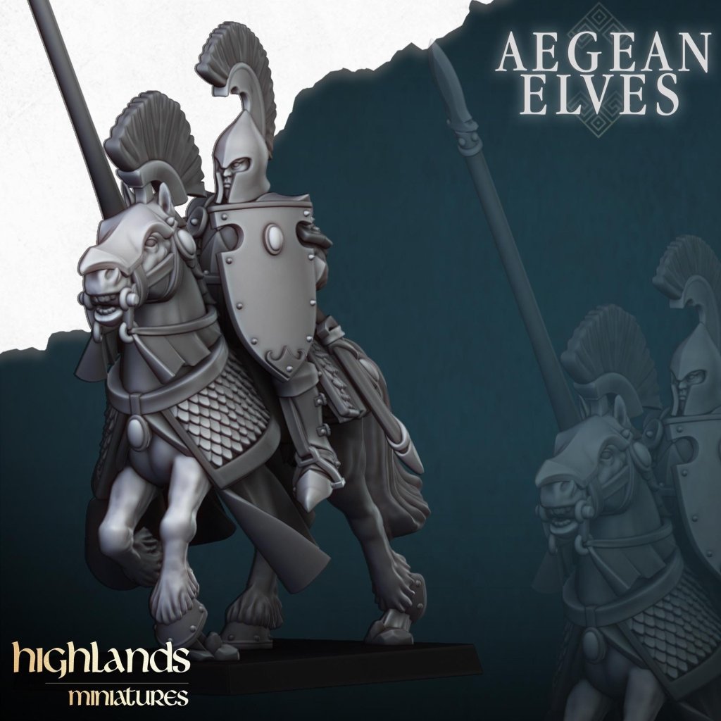 Aegean Elves Mounted Lances 3D Miniature | Highlands Miniatures | 32mm Resin DnD Fantasy Cavalry - Border3d