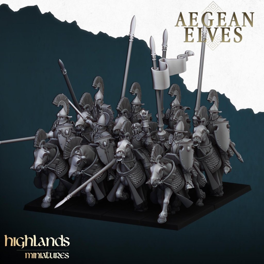 Aegean Elves Mounted Lances 3D Miniature | Highlands Miniatures | 32mm Resin DnD Fantasy Cavalry - Border3d