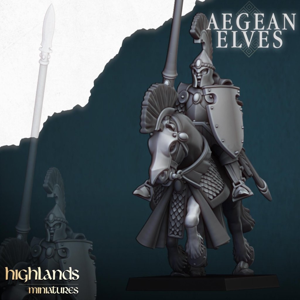Aegean Elves Mounted Lances 3D Miniature | Highlands Miniatures | 32mm Resin DnD Fantasy Cavalry - Border3d