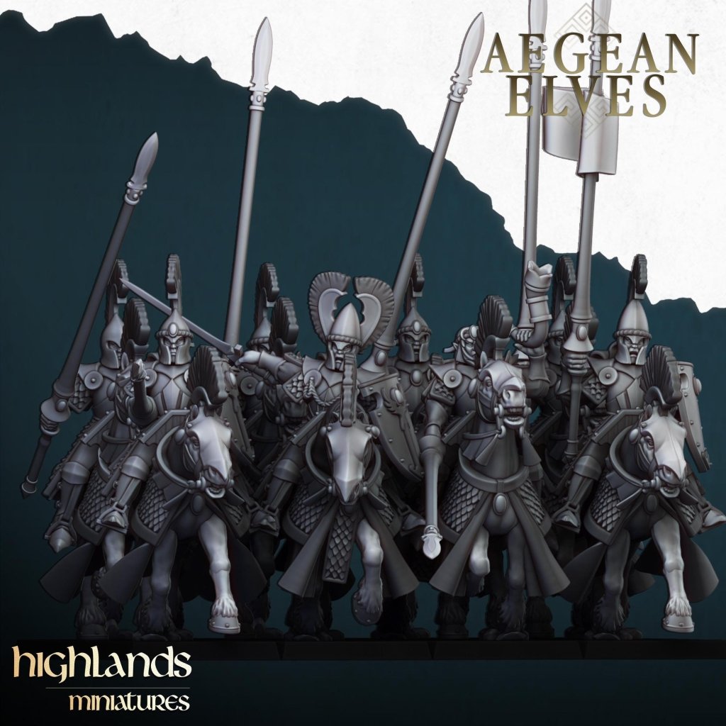 Aegean Elves Mounted Lances 3D Miniature | Highlands Miniatures | 32mm Resin DnD Fantasy Cavalry - Border3d