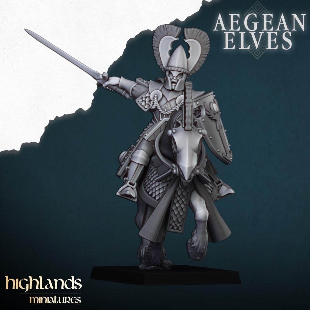 Aegean Elves Mounted Lances 3D Miniature | Highlands Miniatures | 32mm Resin DnD Fantasy Cavalry - Border3d