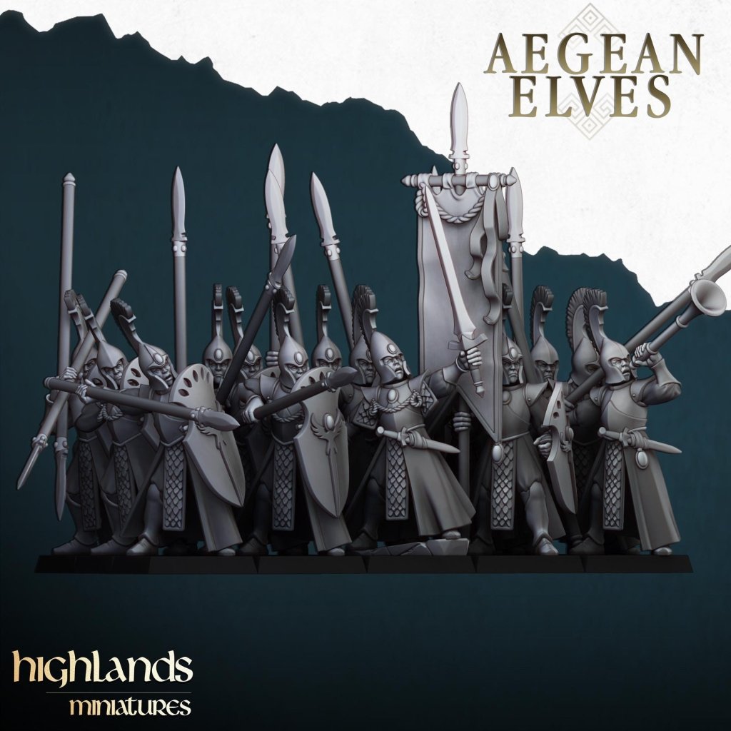 Aegean Elves Spearmen 3D Miniature | Highlands Miniatures | 32mm Resin DnD Fantasy Wargaming - Border3d