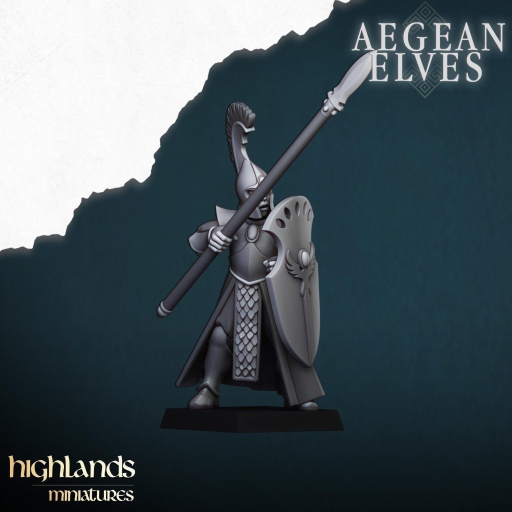 Aegean Elves Spearmen 3D Miniature | Highlands Miniatures | 32mm Resin DnD Fantasy Wargaming - Border3d