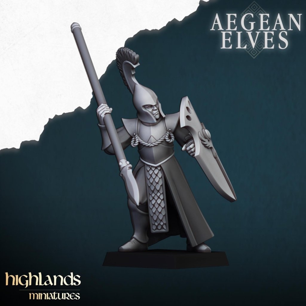 Aegean Elves Spearmen 3D Miniature | Highlands Miniatures | 32mm Resin DnD Fantasy Wargaming - Border3d