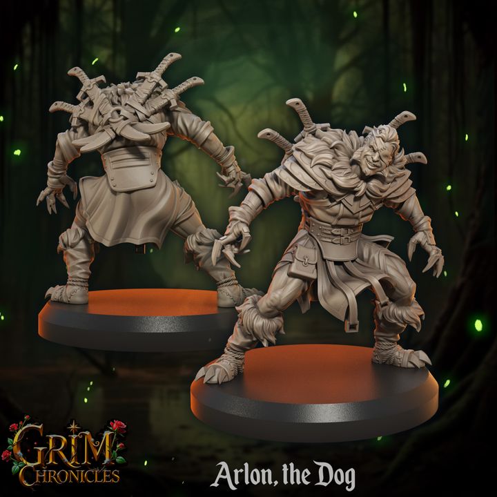 Arlon The Dog Grim Chronicles figurine in a mystical forest setting, showcasing intricate details.