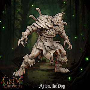 Arlon The Dog loyal guardian hound 32mm resin miniature with battle-scarred fur and watchful eyes officially licensed from Great Grimoire Grim Chronicles line printed by Border3D LLC veteran-owned Texas