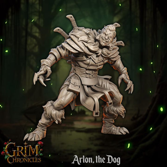 Detailed figure of Arlon The Dog Grim Chronicles character in a dark forest setting.