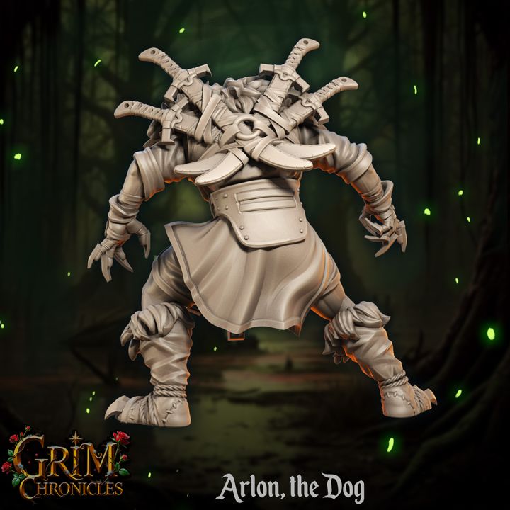 Arlon The Dog Grim Chronicles figurine with swords in a mystical forest scene.