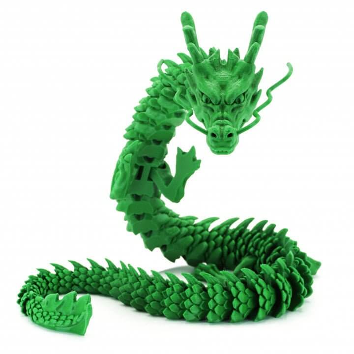 Articulated Dragon Pla+ 3D Print by Border3d LLC in vibrant green, showcasing detailed scales and flexible joints.