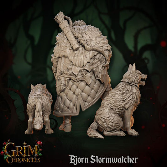 Bjorn Stormwatcher Grim Chronicles figurine with wolves in forest backdrop