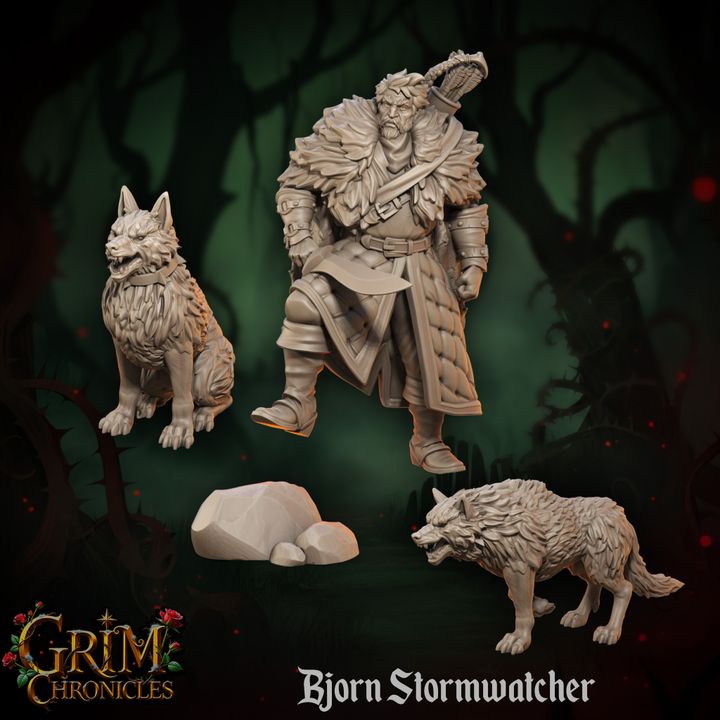 Bjorn Stormwatcher Grim Chronicles character figurine with wolves and forest background
