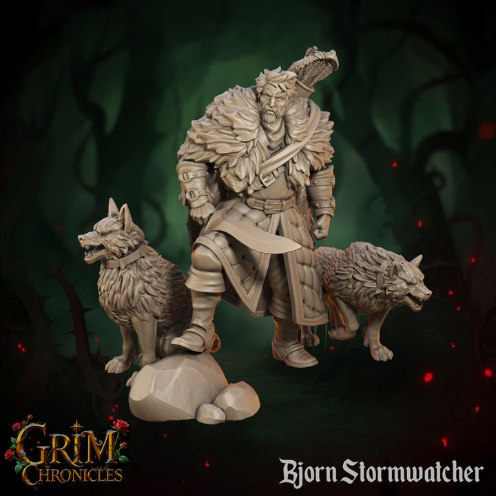 Bjorn Stormwatcher Grim Chronicles figurine with wolves in a dark forest setting.