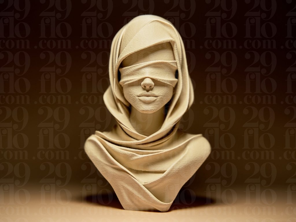 29flo Blindfolded Woman bust modern art sculpture with flowing draped fabric and signature fuzzy texture finish 3D printed in PLA Desert Tan or gray Resin officially licensed printed by Border3D LLC veteran-owned Texas