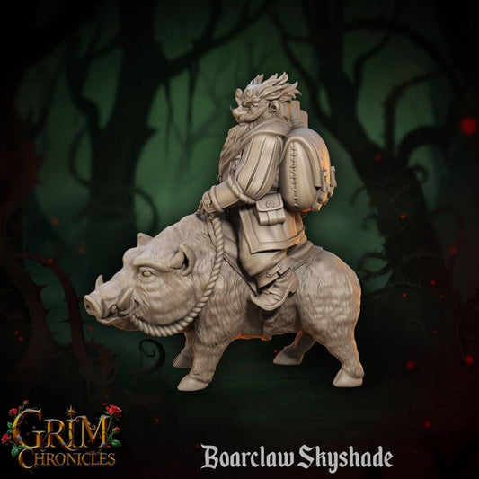 Boarclaw Skyshade Grim Chronicles figurine featuring a warrior riding a boar against a mystical forest backdrop.