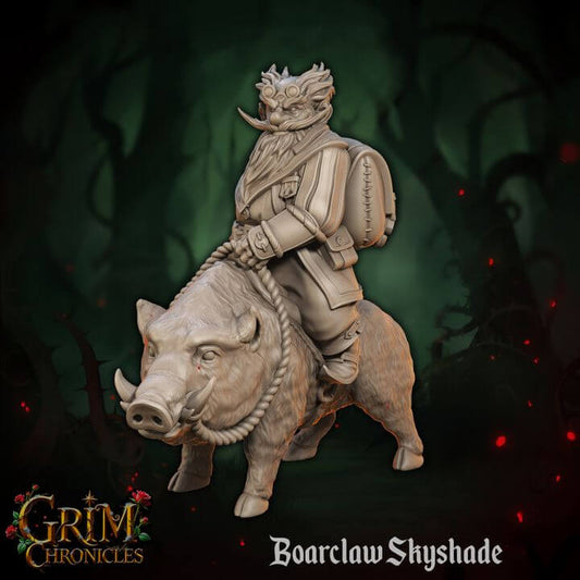 Boarclaw Skyshade Grim Chronicles figurine with an armored character riding a boar in a mystical forest background.